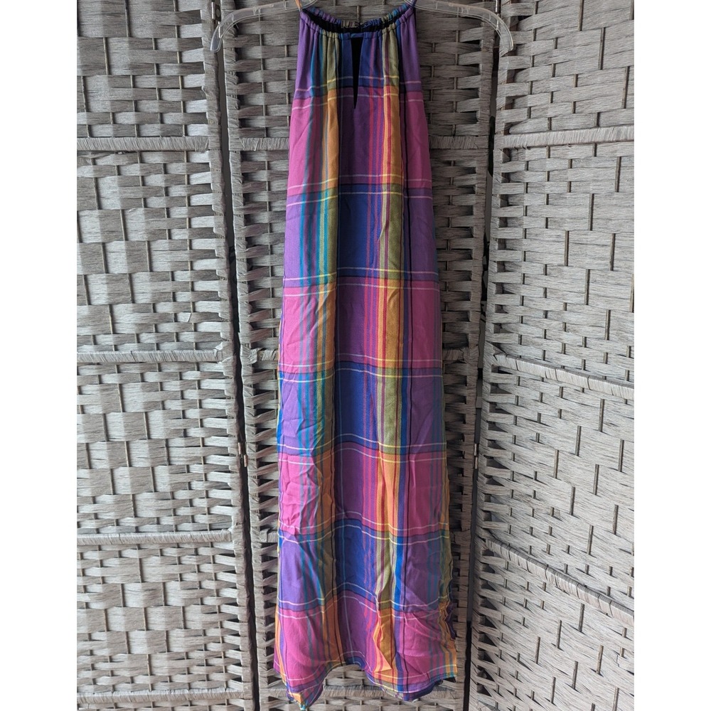 Ann Taylor Rainbow Plaid Midi Dress Halter Smocked Bow Back Sz 0P Bright Preppy